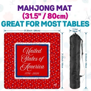 May include: A red Mahjong mat, 31.5 inches (80cm) square, with a white and blue border and a central design that reads "United States of America 1776-2026". Includes a black carrying case, 33.5 inches (85cm) long.