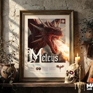 May include: Framed artwork featuring a red dragon breathing fire, with the name "Meleys" in large letters. The artwork is in a gold frame, displayed on a wooden shelf with a skull, candles, and books. The text "The Red Queen" is also visible.