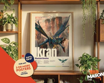 May include: A framed poster featuring a blue and green Ikran, a mountain banshee from the movie Avatar, with a landscape background. The poster has the word "Ikran" in large white letters. The poster is displayed on a wooden shelf.