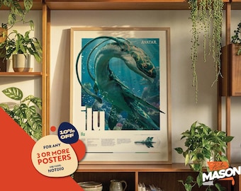 May include: A framed poster featuring a teal and blue illustration of a sea creature from the movie Avatar. The poster has the word "Avatar" at the top and the word "Ilu" in the center. A promotional sticker is in the lower left corner.