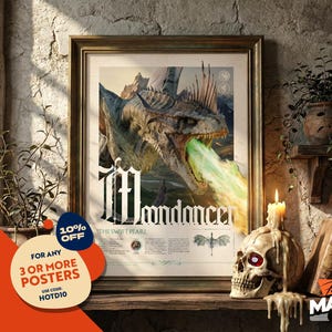 May include: A framed poster featuring a detailed illustration of a dragon breathing green fire, with the text Moondancer and The Swift Pearl printed below. The artwork is displayed in a dark wooden frame, showcasing a fantasy-themed dragon design.