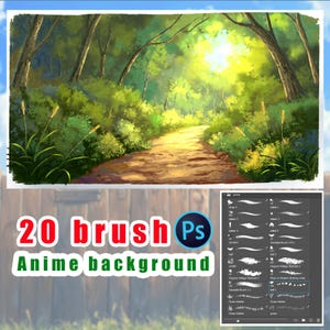 Puede incluir: Ilustración digital de un sendero forestal soleado. El camino de tierra serpentea a través de un exuberante follaje verde y altos árboles. El texto en la parte inferior dice "20 brush Anime background" con un logotipo de Photoshop y ejemplos de pinceladas.