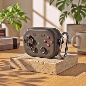 Könnte beinhalten: Eine dunkelgraue Schutzhülle für kabellose Ohrhörer, die wie ein Retro-Videospiel-Controller gestaltet ist. Sie verfügt über ein Steuerkreuz, zwei Joysticks, Select- und Start-Tasten sowie rote A-, B-, X- und Y-Tasten. Ein Metallkarabiner ist seitlich befestigt.