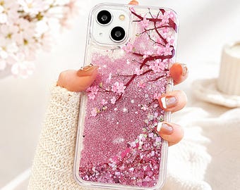 Cherry Blossom iPhone Case, Pink Liquid Quicksand Glitter Clear Cover for iPhone 17 16 15 14 Pro Max Plus