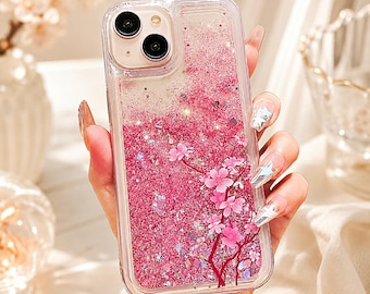 Pinkfarbene iPhone-Hülle mit flüssigem Glitzer von Sakura, süße, transparente, weiche Handyhülle mit floralem Muster