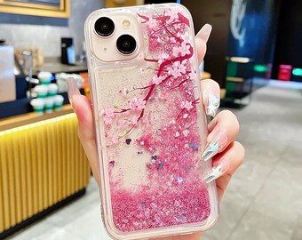 Custodia per iPhone con glitter liquidi Sakura Pink Blossom - Custodia morbida antiurto con motivo floreale di lusso