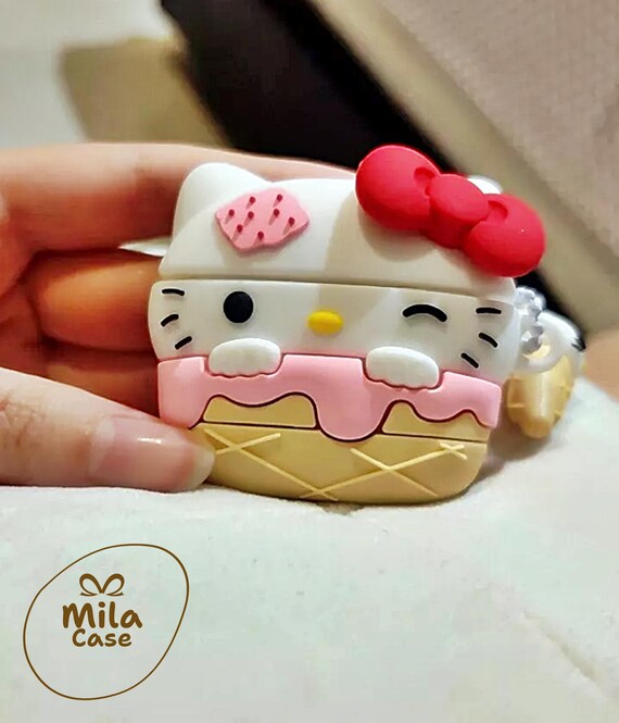 Hello Kitty Ice Cream Airpods Case, Silicone Cover With Keychain