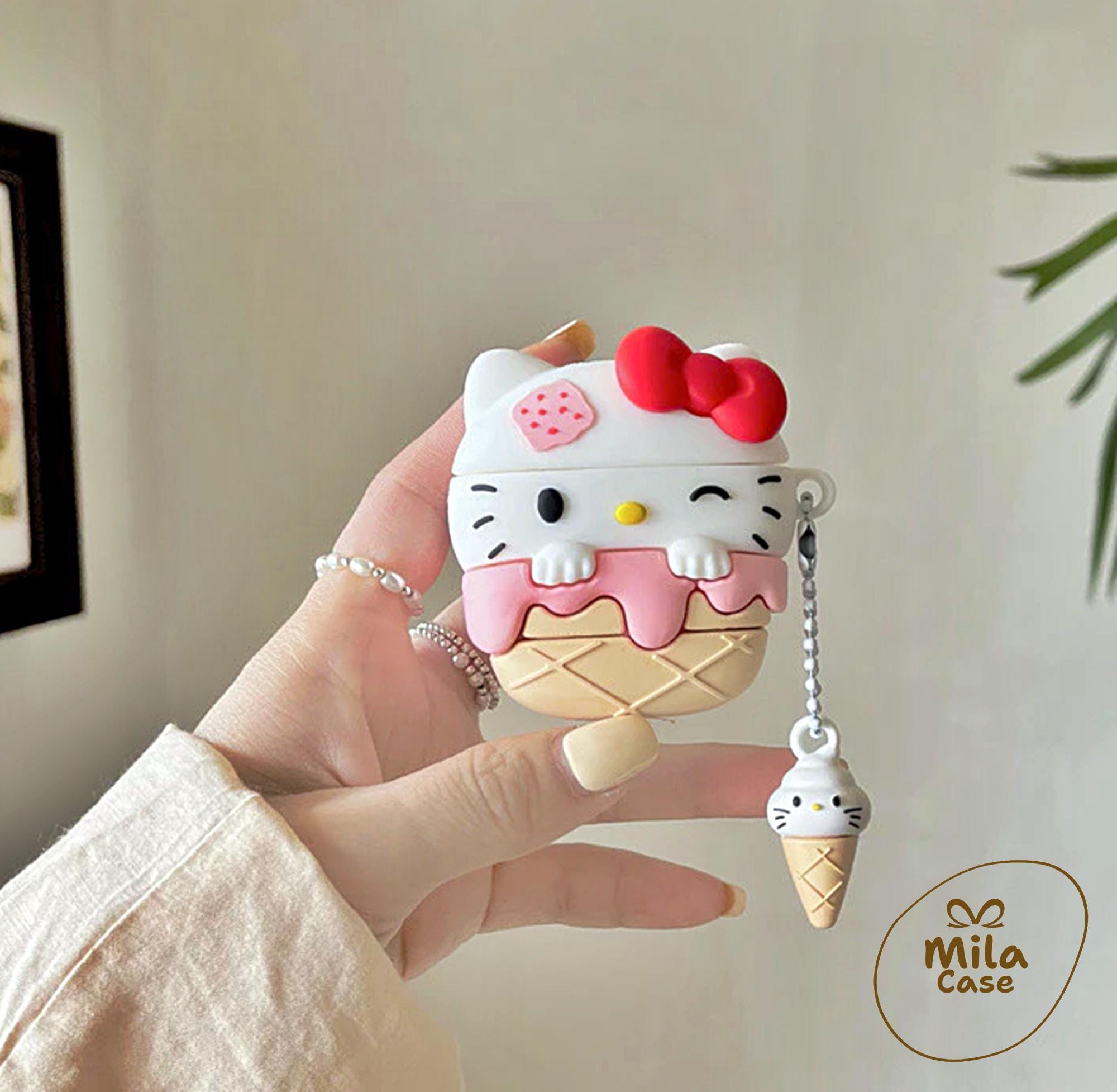 Hello Kitty Ice Cream Airpods Case, Silicone Cover With Keychain