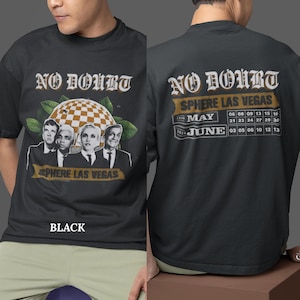 May include: Black t-shirt featuring the band No Doubt with the text "NO DOUBT" in a vintage font. The front design includes a checkered sphere and band member portraits. The back displays a concert schedule for "SPHERE LAS VEGAS".