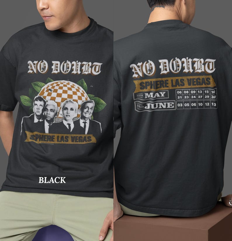 May include: Black t-shirt featuring the band No Doubt with the text "NO DOUBT" in a vintage font. The front design includes a checkered sphere and band member portraits. The back displays a concert schedule for "SPHERE LAS VEGAS".