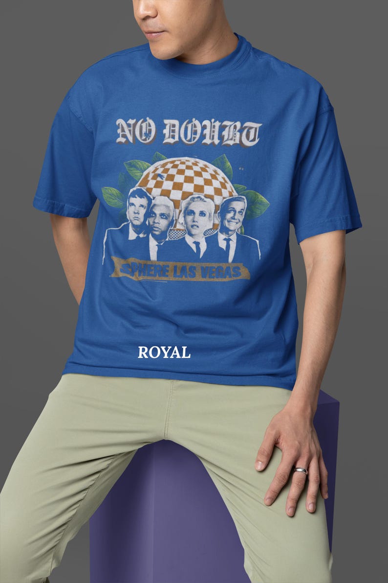 May include: Royal blue t-shirt featuring a graphic of the band No Doubt with the text "No Doubt" in a vintage font. The shirt also has the text "Sphere Las Vegas" and the word "Royal" at the bottom.
