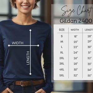 May include: Navy blue long-sleeve shirt with a size chart. The chart shows measurements for sizes S to 5XL, with widths ranging from 18" to 32" and lengths from 28" to 35". The shirt is made by Gildan 2400.