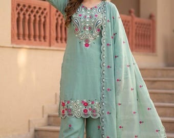 Embroidered Roman Silk Kurta Palazzo Set | 3 Piece Sequin Party Wear Indian Suit