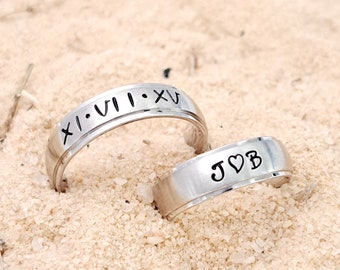 Personalized name ring, Name ring for him, Date ring, Initial ring, Custom name ring, Dad ring, Couples matching name rings, Brushed finish