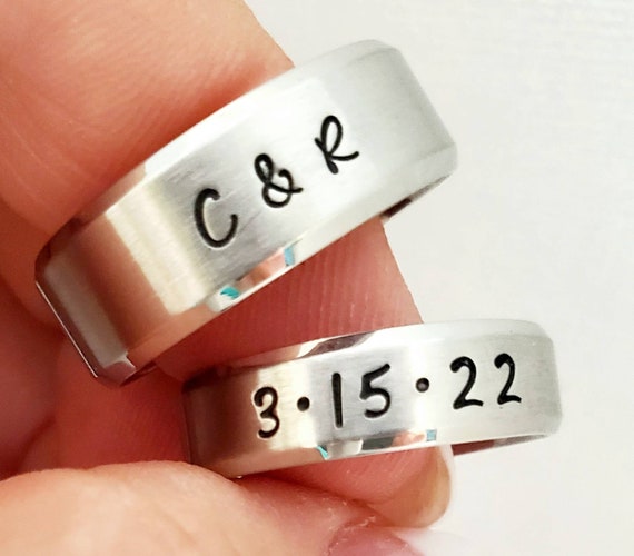 His Her Matching Name Rings Couples Name Rings Personalized Wedding Bands Hand Stamped Couples Rings Mans Name Ring Promise Rings Etsy Canada