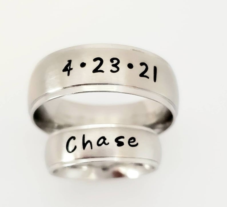 Personalized couples ring set/Custom wedding bands/Stainless steel Name Rings/Matching Name Rings/Name ring set/Promise Ring/His Her rings image 5