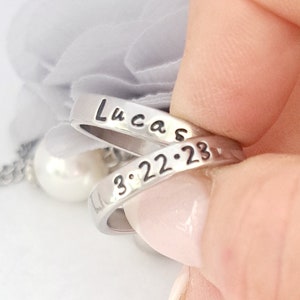 Baby name ring, ring with kids names, date ring, personalized ring for mom, hand stamped name ring, name ring, custom ring, ring with name