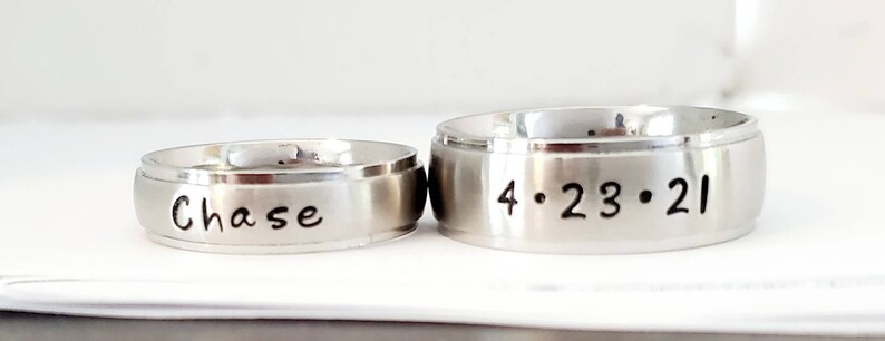 Personalized couples ring set/Custom wedding bands/Stainless steel Name Rings/Matching Name Rings/Name ring set/Promise Ring/His Her rings image 7