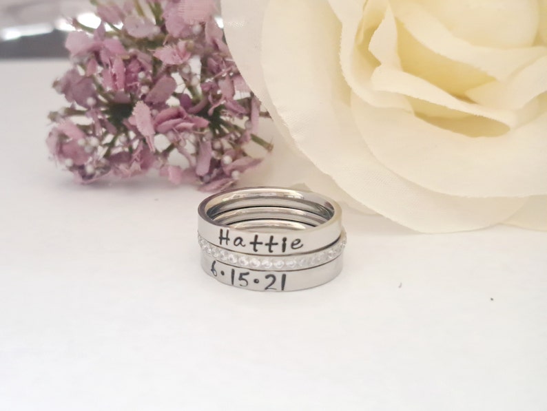 3 pc. set,Personalized stacking rings, Mom's ring, Eternity Band, Name ring, stacking name rings, wedding ring, CZ ring,Inspired ring, image 5