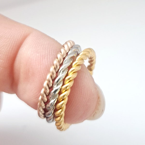 Rope spacer ring. Rose Gold stacking ring. Silver rope spacer ring. Gold rope spacer ring. Tricolor spacer rings. Twisted rope spacer ring.