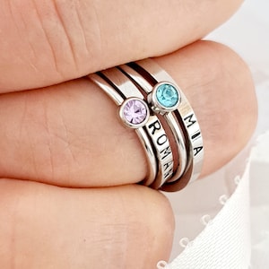 Birthstone Name ring/Birthday name rings/Stacking birthstone rings/Stacking Mom rings/Personalized stacking name rings/Custom name rings