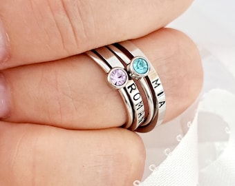 Birthstone Name ring/Birthday name rings/Stacking birthstone rings/Stacking Mom rings/Personalized stacking name rings/Custom name rings