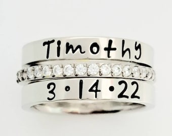 3 pc. set,Personalized stacking rings, Mom's ring, Eternity Band, Name ring, stacking name rings, wedding ring, CZ ring,Inspired ring,