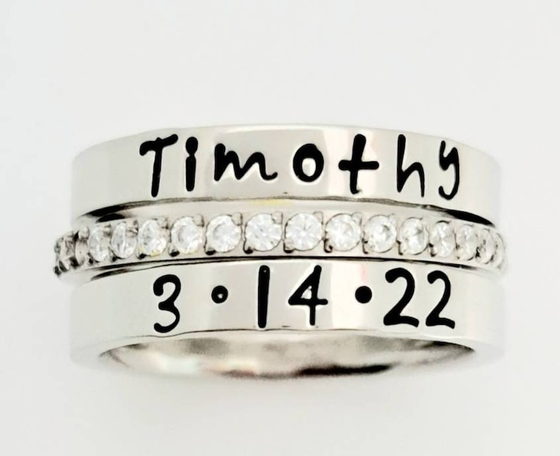 3 pc. set,Personalized stacking rings, Mom's ring, Eternity Band, Name ring, stacking name rings, wedding ring, CZ ring,Inspired ring, image 1