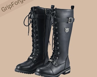 Handmade Black Leather Lace-Up Knee High Boots | Steampunk Style Zipper on side