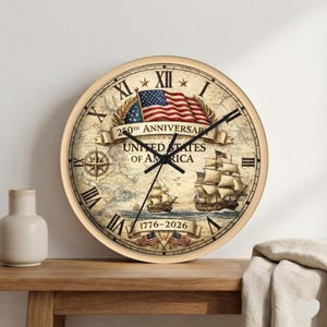 USA 250e verjaardag nautische wandklok 1776 tot 2026 Amerikaans maritiem decor patriottische ronde wandklok cadeau Amerika 250 merchandise