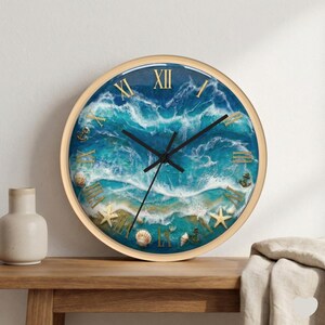 Faux Epoxy Ocean Wall Clock, Beach Resin Effect Print, Nautical Coastal Decor
