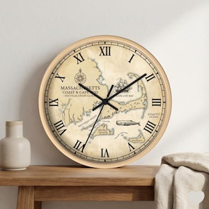 Cape Cod Nautical Map Wall Clock  Vintage Massachusetts Coast Chart Decor  Wooden Framed Beach House Art  Martha's Vineyard & Nantucket Gift