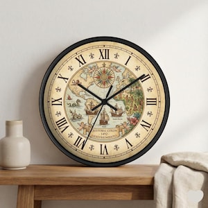 Vintage World Map Wall Clock, Christopher Columbus 1492 Discovery, Antique Style Nautical Decor, Old World Explorer Timepiece