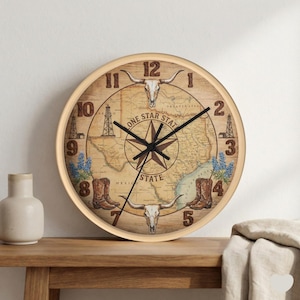 Rustic Texas Map Wall Clock, Longhorn Decor, Western Home Gift.