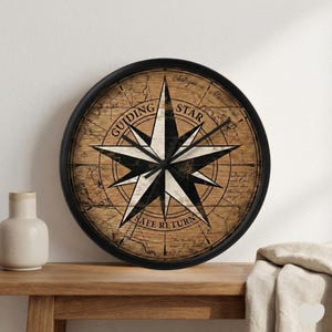 Vintage Nautical Compass Wall Clock, Rustic Wooden Look Clock, Guiding Star Design, Silent Non Ticking Clock, Coastal Home Decor Gift