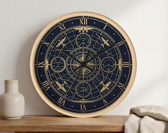 Reloj de pared de regalo para piloto, decoración de avión vintage, instrumentos de vuelo aeronáuticos, arte de oficina de aviador azul marino, regalo único para él.