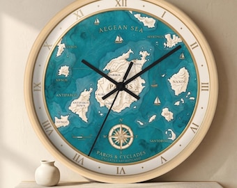 Paros Griechenland Karte Wanduhr, Kykladen Inseln Wanduhr, Ägäis Küsten Dekor, Santorini Mykonos Nautisches Geschenk