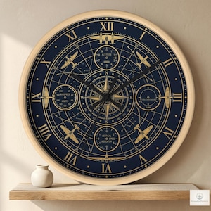 May include: A navy blue and gold aviation-themed wall clock. The clock face features a compass rose, airplanes, and various gauges. Roman numerals mark the hours. The clock has a light wood-colored frame.