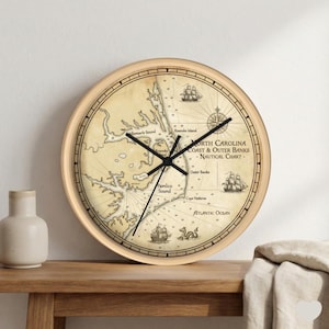 Outer Banks NC Nautical Map Clock, Rustic Coastal Home Decor, North Carolina Beach House Wall Art, Unique Wood Framed Clock Gift