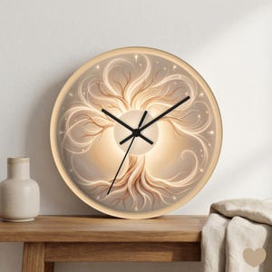 Könnte beinhalten: Runde Wanduhr mit einem Lebensbaum-Design. Das Zifferblatt zeigt eine leuchtende Baum-Illustration in Beige- und Goldtönen mit schwarzen Zeigern. Die Uhr ist in einem hellen Holzrahmen gefasst.