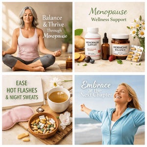May include: A four-panel collage featuring wellness products for menopause. Includes a white bottle labeled Menopause Support, a brown dropper bottle, a jar labeled Hormone Balance, a blister pack of capsules, a wooden bowl of pills, and a sleep mask.