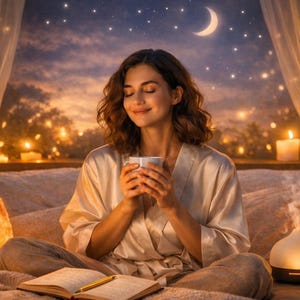 Könnte beinhalten: Eine Person mit schulterlangem, welligem braunem Haar in einem cremefarbenen Satinbademantel sitzt auf einem Bett und hält eine weiße Keramiktasse. Ein offenes Buch mit einem goldenen Stift liegt auf dem Bett, neben einer leuchtenden Salzlampe und Diffusor.