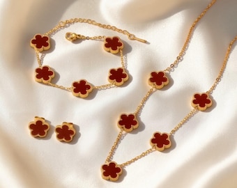 Five Leaf Clover Jewellery Set For Women, Gold Clover Necklace Bracelet Earrings Set, Floral Jewellery Gift For Her, Clover Jewellery Set