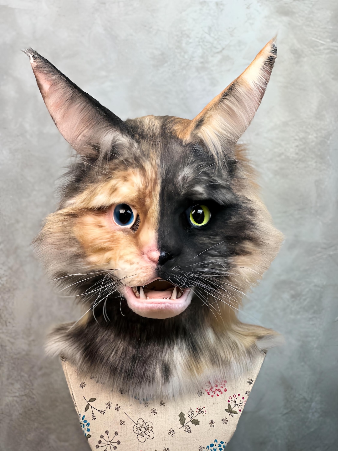 Realistic Bicolor Eyes Cat Head Mask - Wearable Handmade Long Fur ...