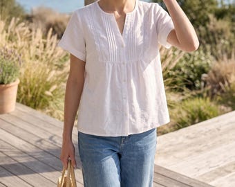 Lace Inset Linen Blouse | Pintuck Notch Neck Short Sleeve Top, Button Down Cottagecore Shirt