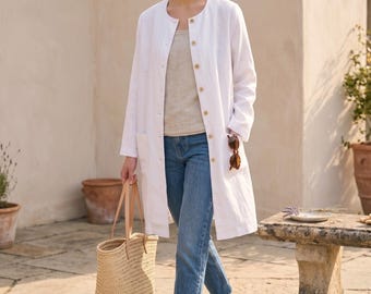 Giacca lunga in lino / Cappotto senza collo con bottoni, Cardigan/Blazer leggero da indossare a strati