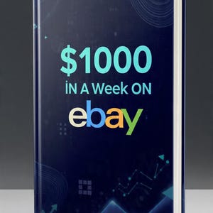 May include: A hardcover book with a dark blue cover featuring the text "$1000 IN A Week ON eBay" in white and green. The book's cover has a geometric design with upward-pointing arrows and a white spine.