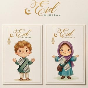 Könnte beinhalten: Zwei Eid Mubarak-Grußkarten mit Illustrationen von Kindern, die Papiere halten. Die Karten haben ein goldenes Mond- und Stern-Design mit den Worten "Eid Mubarak" in goldener Schrift. Der Hintergrund ist cremefarben.