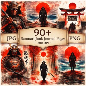 May include: Digital art featuring samurai warriors in various scenes. The images have a red and black color scheme with a rising sun in the background. Text on the image reads "90+ Samurai Junk Journal Pages" and "JPG PNG".