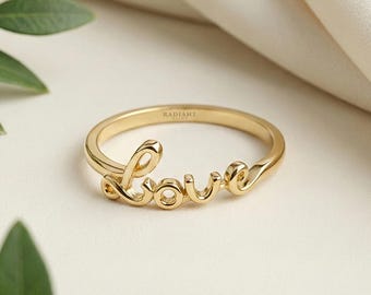 14k Solid Gold Love Ring Cursive Script Word Band Dainty Minimalist Jewelry Romantic Promise Ring for Her Valentine's Day Gift